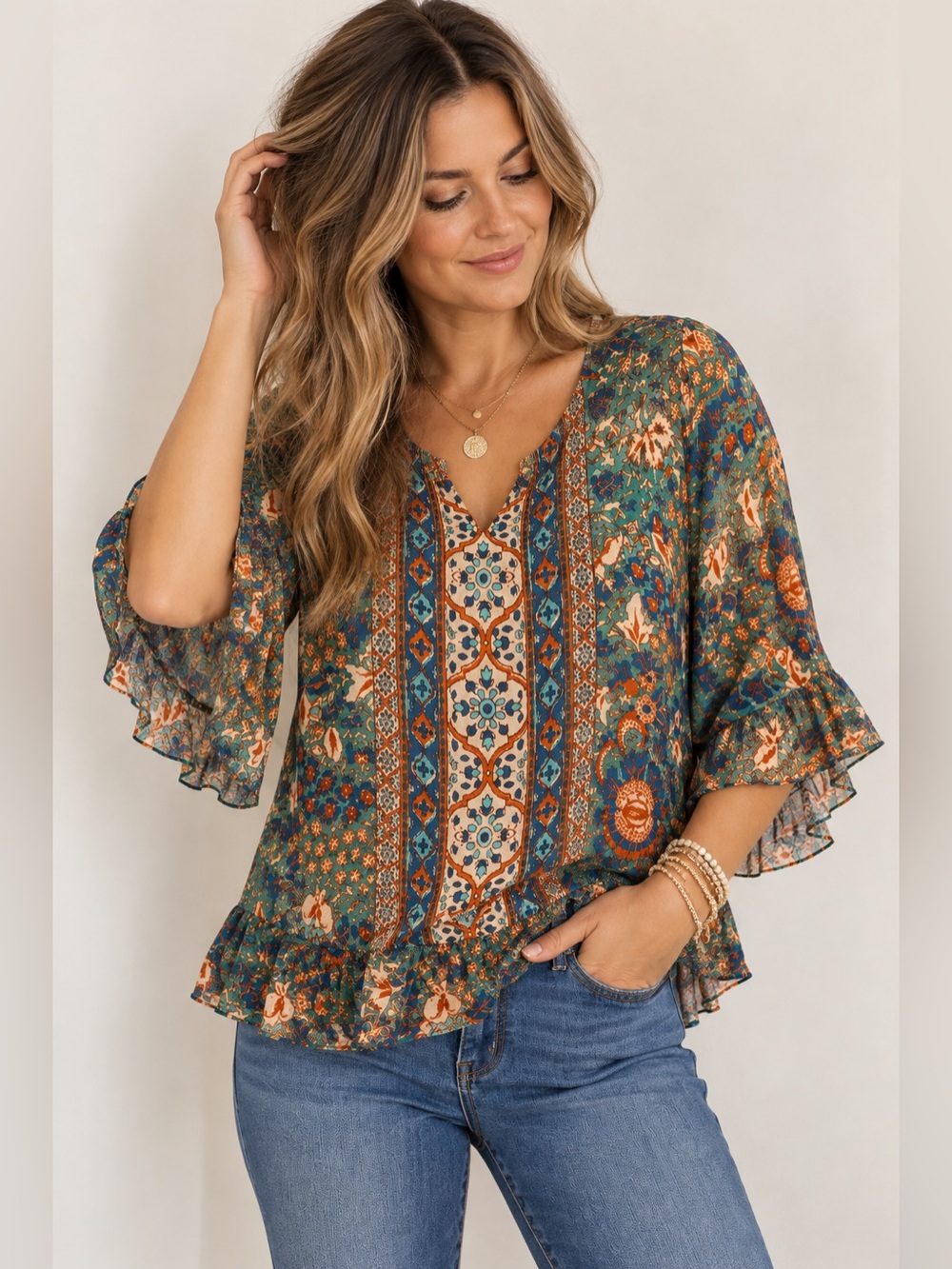 Rachel Zoe Boho Floral Border Print Blouse 2X Teal Orange